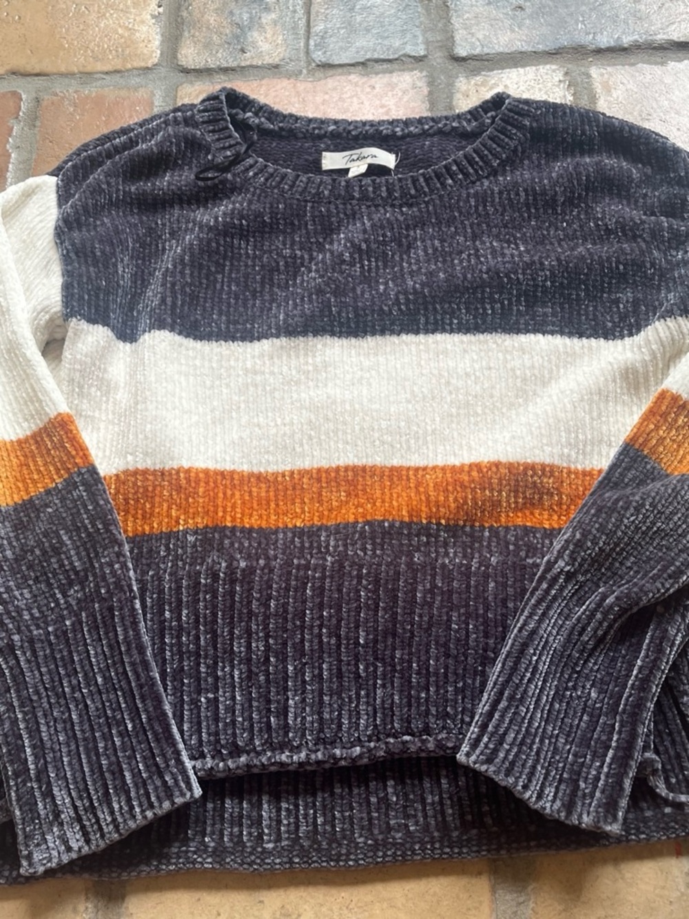 Takara Striped Chenille Crewneck Sweater in Charcoal, Cream & Orange